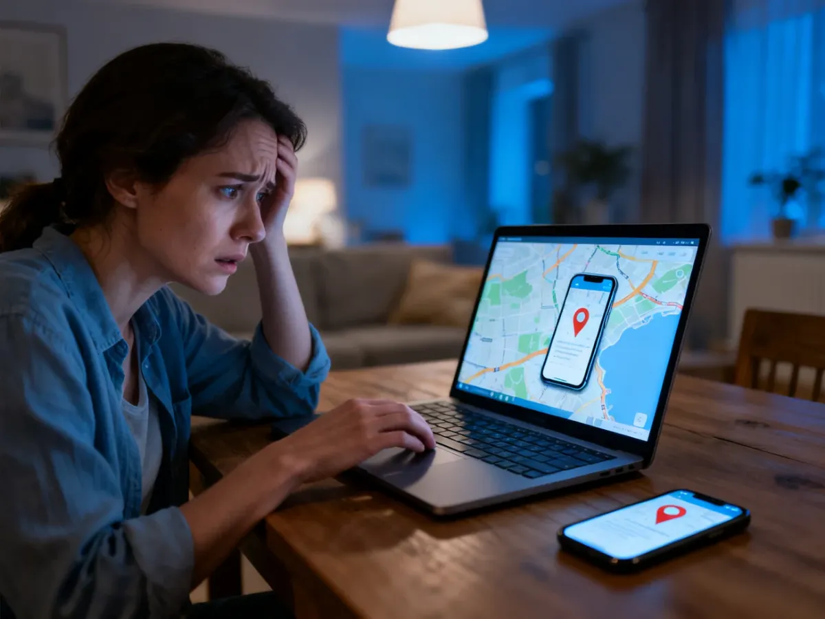 Osoba lokalizująca zgubiony telefon na mapie za pomocą laptopa