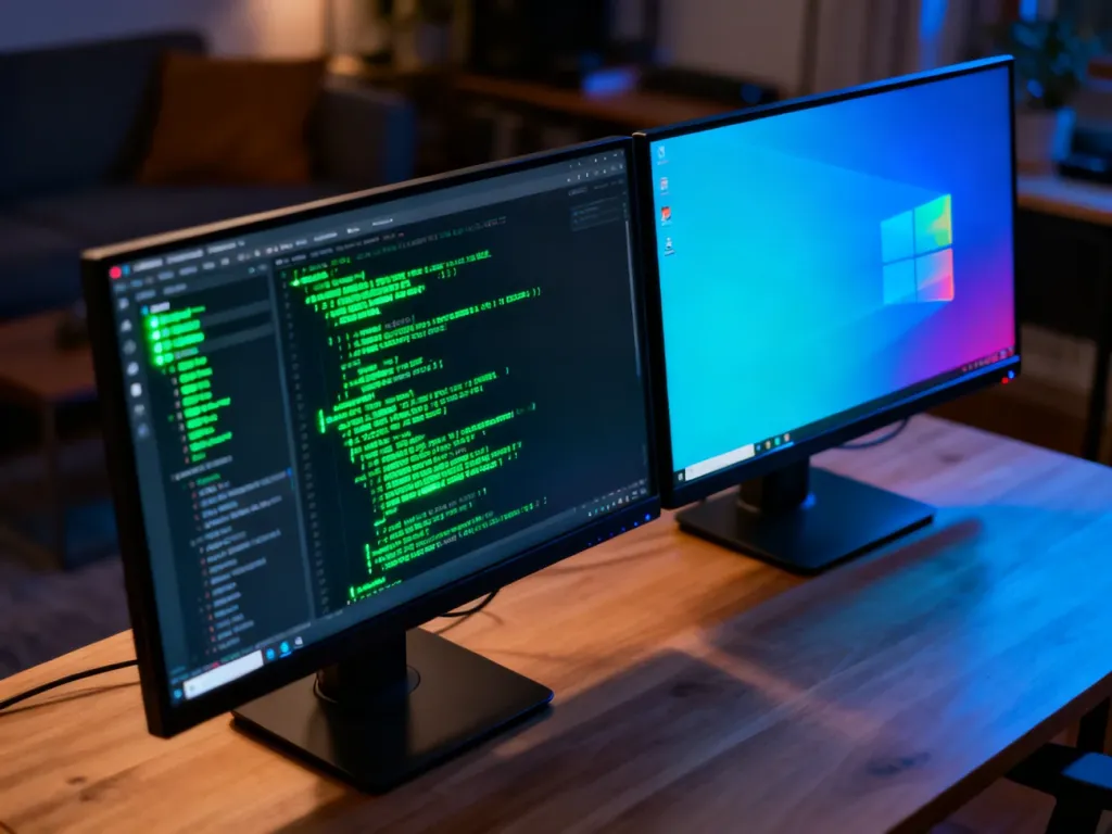 Dwa monitory na biurku: jeden z terminalem Linuxa, drugi z interfejsem Windowsa, obrazujące porównanie obu systemów.