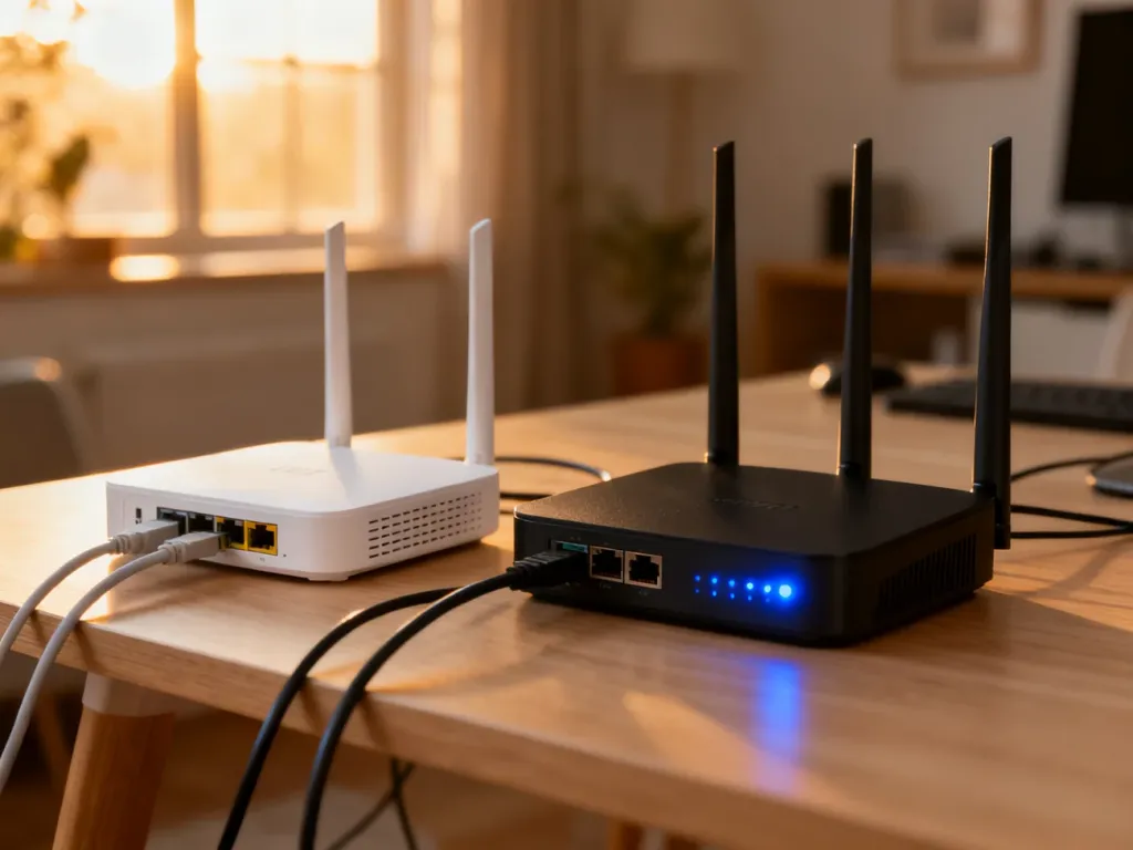Nowoczesny modem i router z podświetlanymi diodami na drewnianym biurku, obrazujące domową infrastrukturę sieciową.