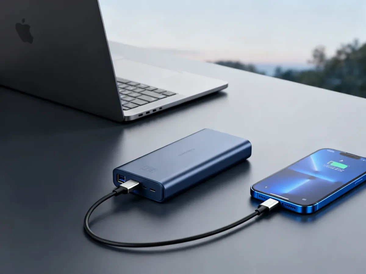 Powerbank ładuje jednocześnie smartfon i laptop przez przewody USB-C