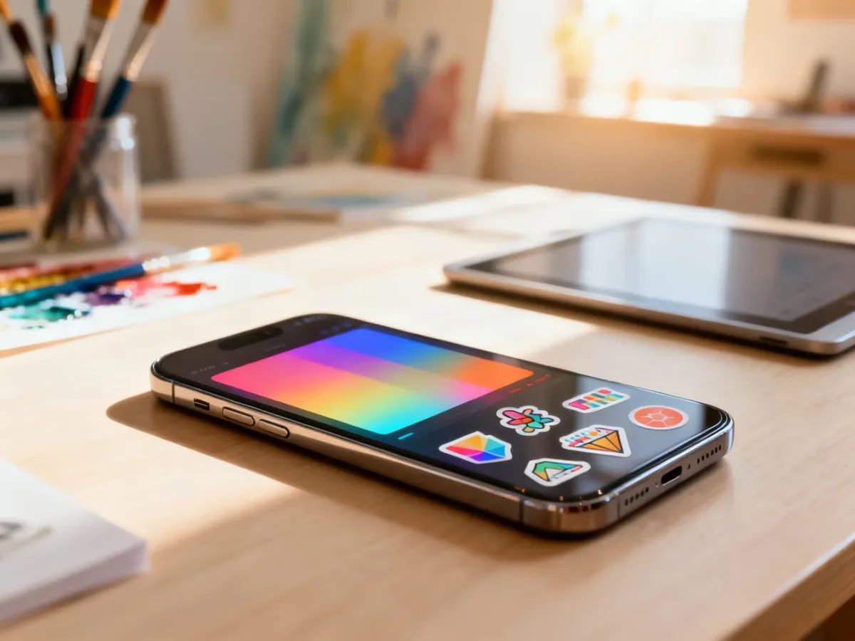 Nowoczesny smartfon z otwartą aplikacją Deco Pic leżący na biurku w jasnym, kreatywnym studiu.