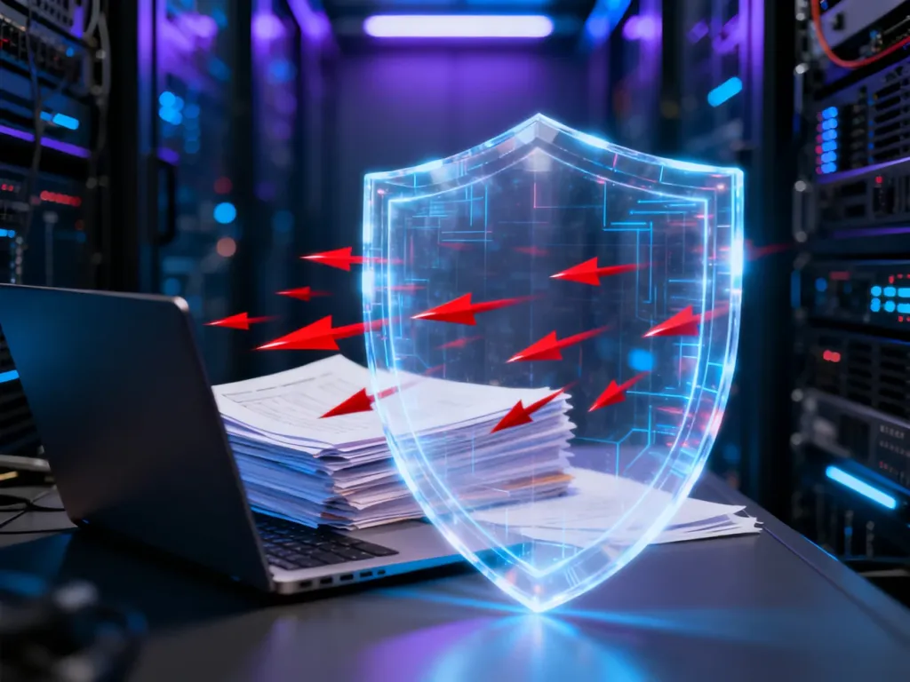 Cyfrowa tarcza chroniąca laptop i dokumenty przed atakami cybernetycznymi w serwerowni.