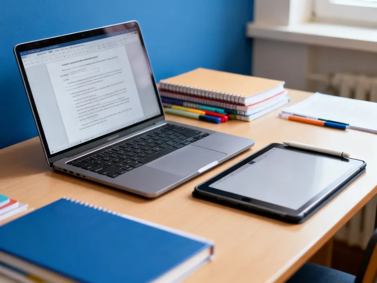 Laptop i tablet na biurku ucznia z akcesoriami do nauki