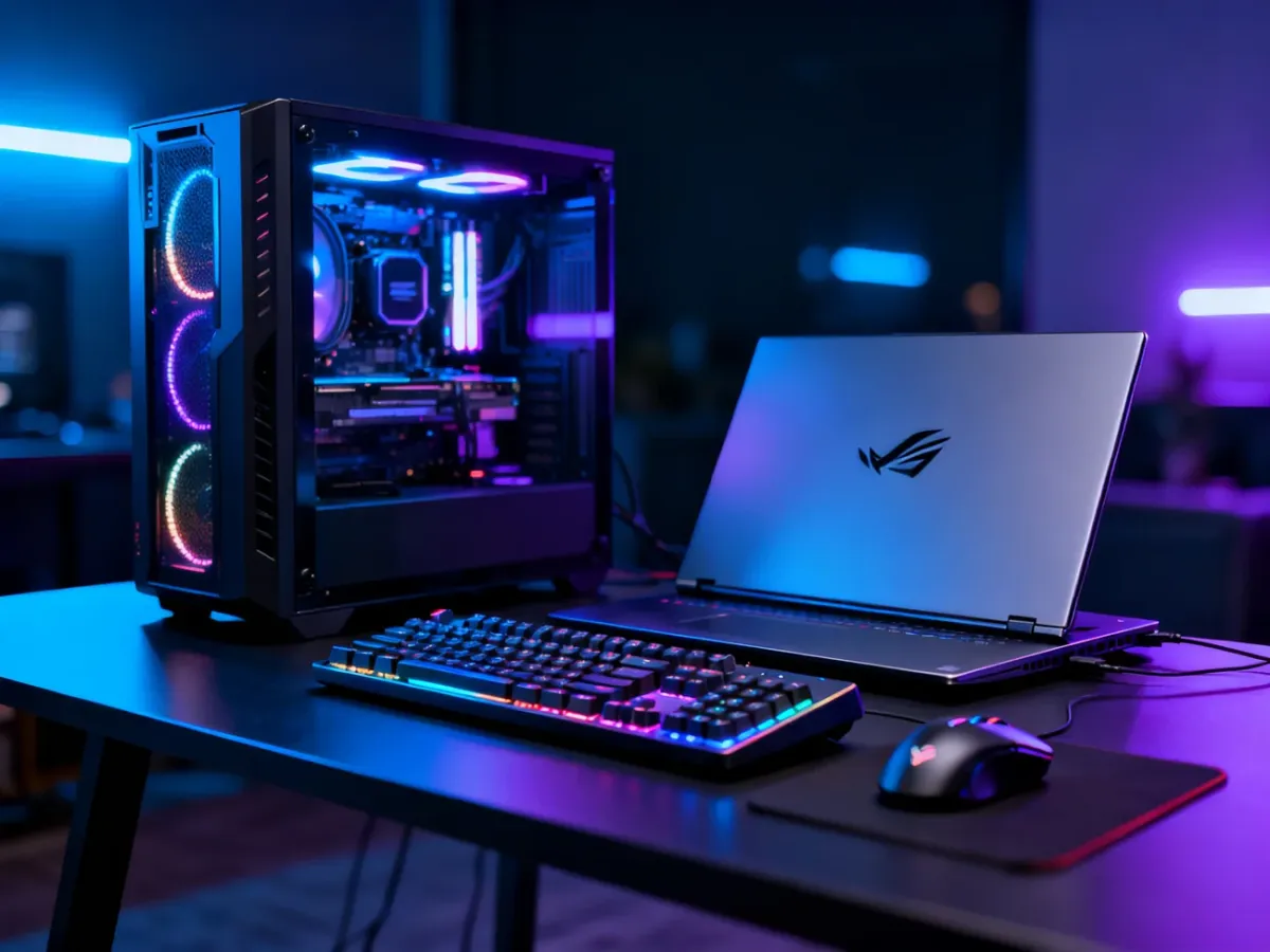 Stanowisko gamingowe z komputerem stacjonarnym i laptopem, podświetlane neonowym światłem RGB.