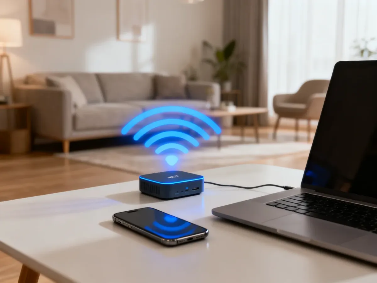 Domowy router Wi-Fi łączący bezprzewodowo smartfon i laptop