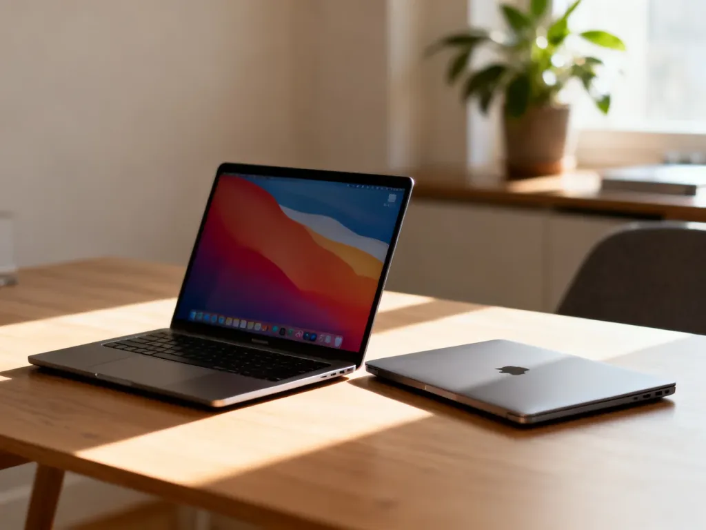 Dwa nowoczesne laptopy na drewnianym biurku, prezentujące wybór sprzętu do pracy w przytulnym domowym biurze.
