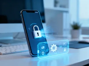 Nowoczesny interfejs wyszukiwarki AI z hologramem, symbolizujący zaawansowane przetwarzanie danych i sztuczną inteligencję.
