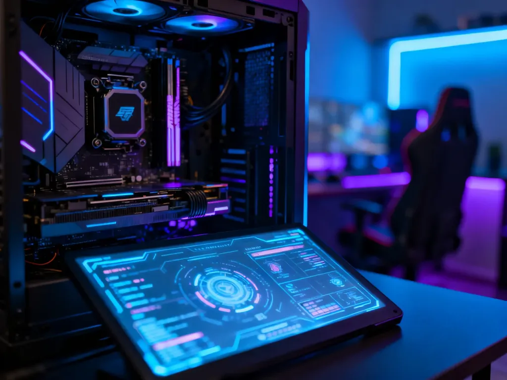 Wnętrze nowoczesnego komputera z podświetleniem neonowym, symbolizujące wydajność sprzętową w grach.