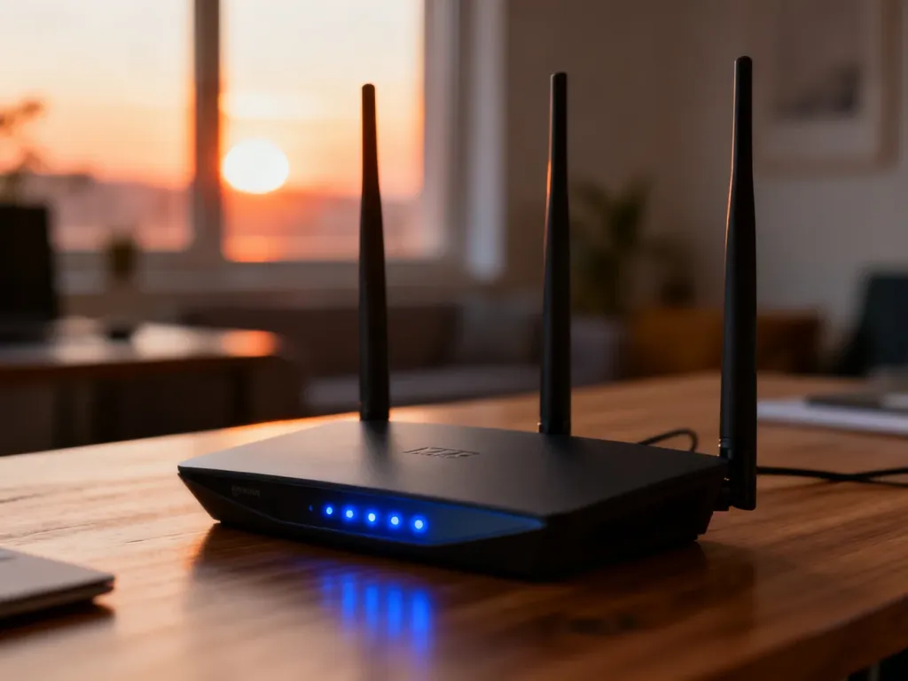 Nowoczesny router bezprzewodowy z diodami LED na drewnianym biurku w domowym biurze.