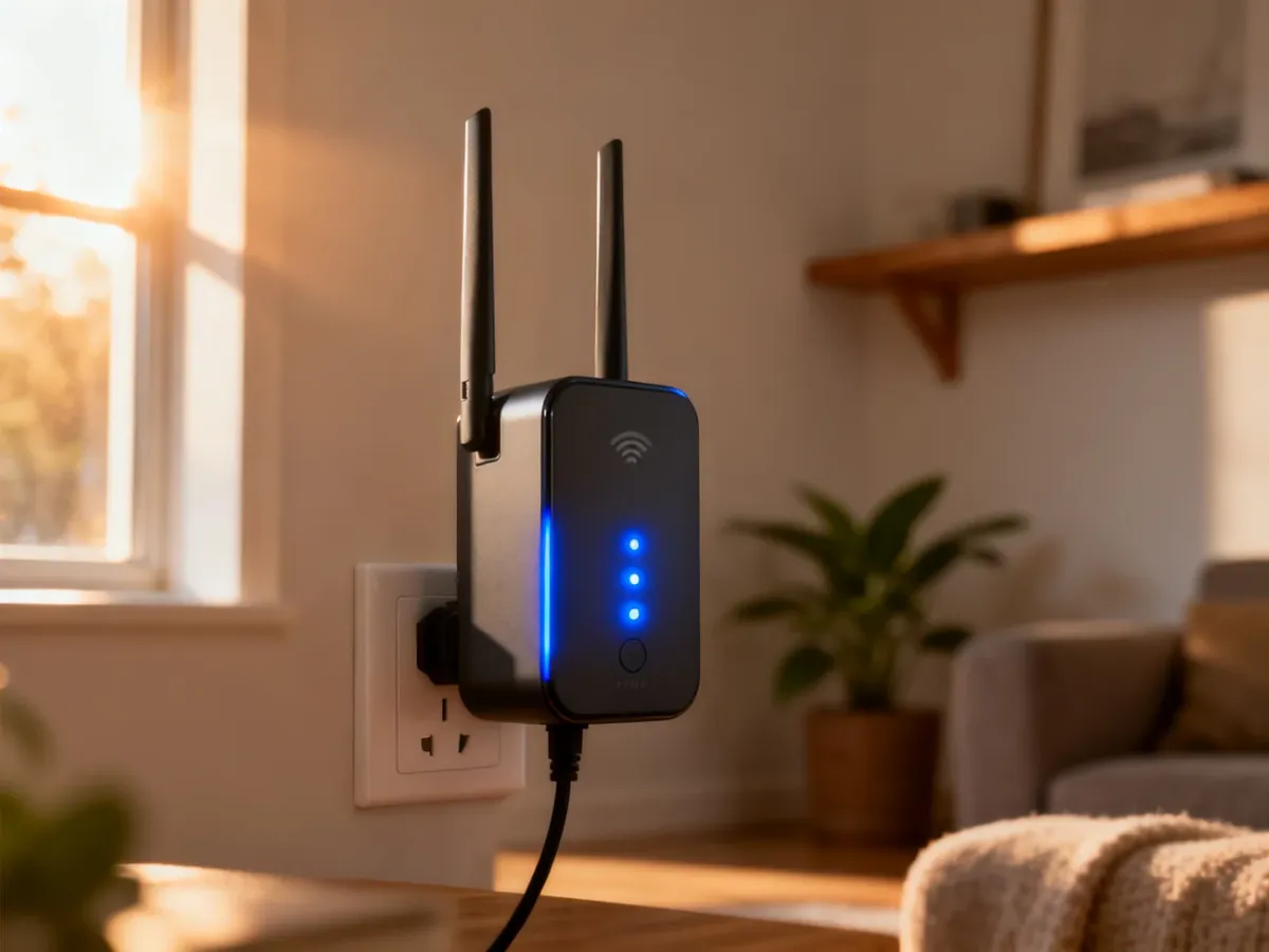 Nowoczesny wzmacniacz Wi-Fi wpięty do gniazdka z aktywnymi diodami sygnalizującymi siłę sygnału w przytulnym salonie.