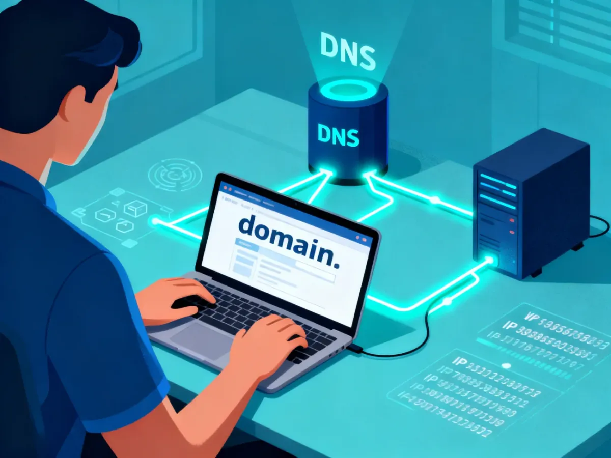 Schemat działania DNS łączącego nazwę domeny z serwerem internetowym