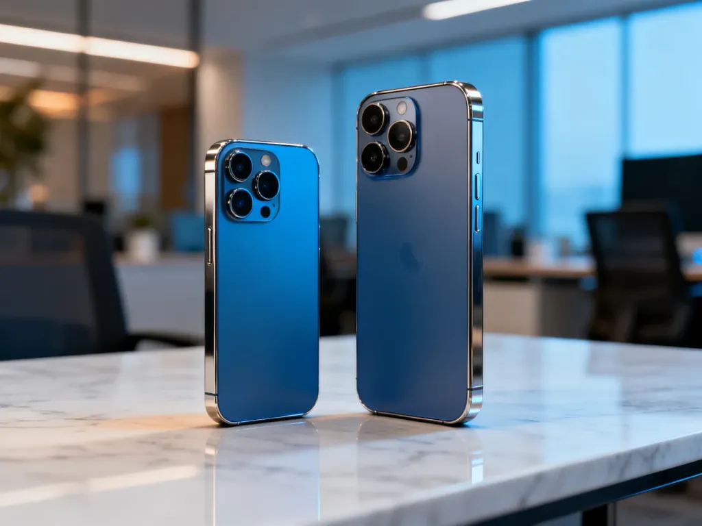 Porównanie iPhone 17 Pro i 17 Pro Max leżących obok siebie na marmurowym blacie, ukazujące różnicę w wielkości obu modeli.