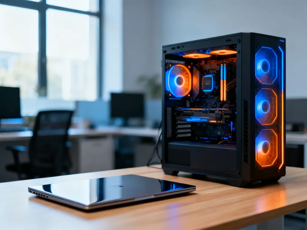 Nowoczesny komputer stacjonarny z podświetleniem RGB oraz smukły laptop stojące obok siebie na minimalistycznym biurku.