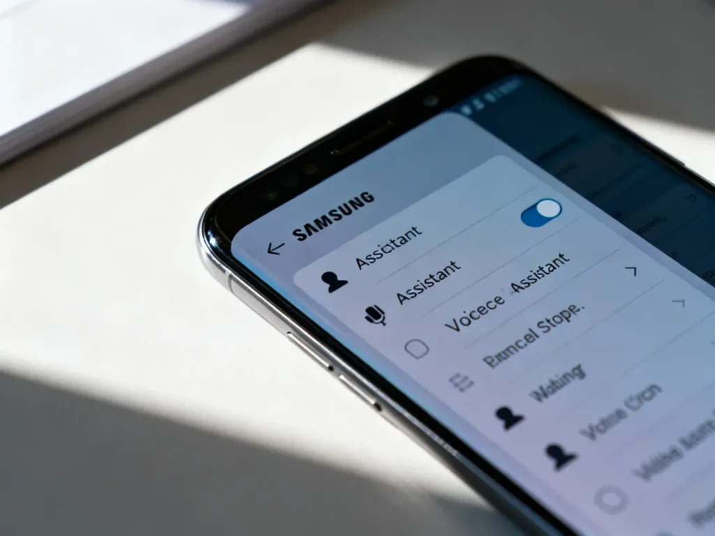 Ekran smartfona Samsung z otwartym menu ustawień, prezentujący przełącznik funkcji asystenta głosowego.