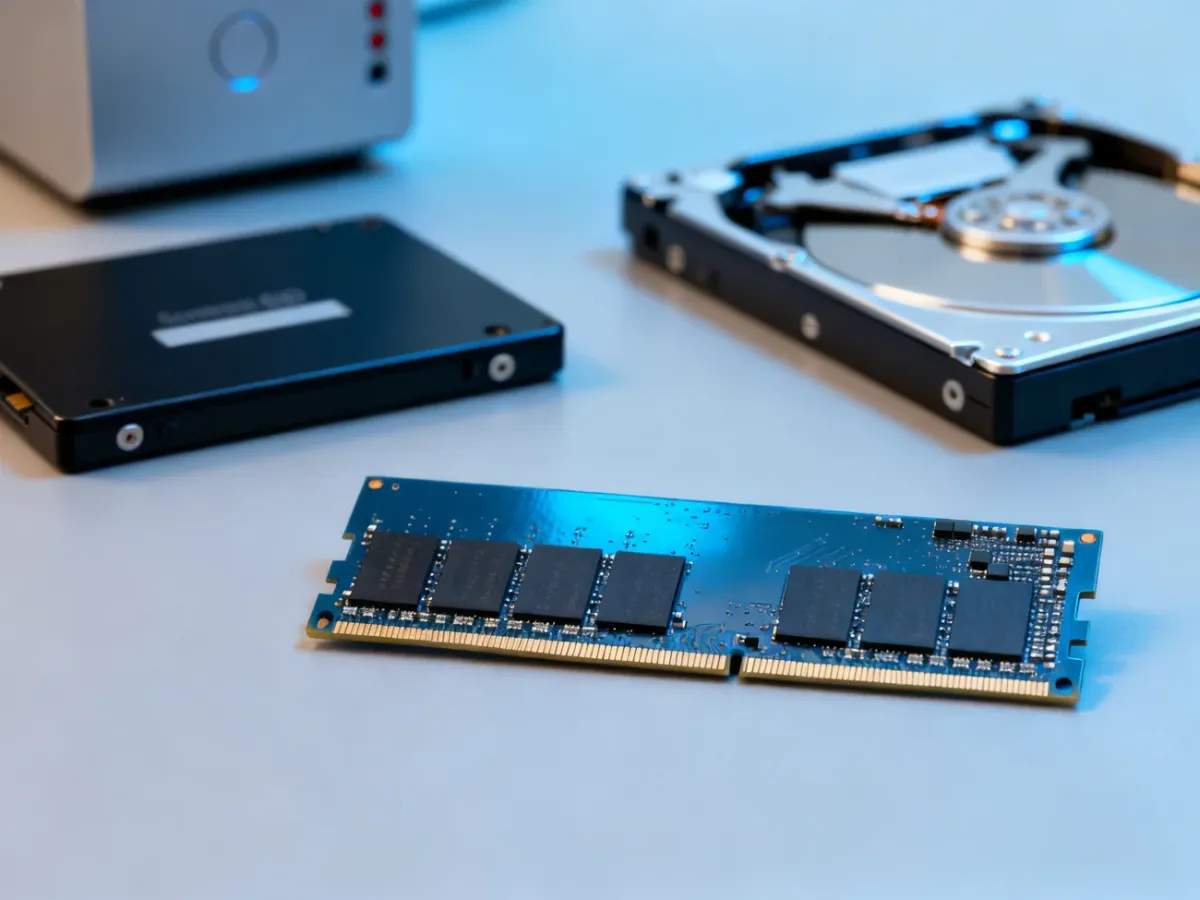 Moduł pamięci RAM obok dysku SSD i dysku HDD na stanowisku komputerowym