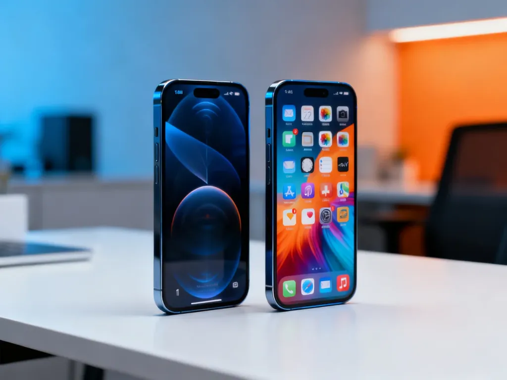 Dwa nowoczesne smartfony leżące obok siebie na biurku, symbolizujące porównanie systemów operacyjnych iPhone i Android.