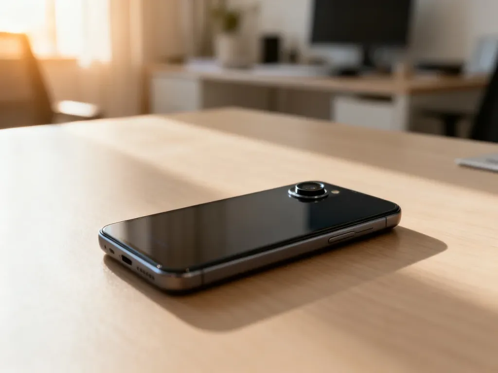 Nowoczesny smartfon budżetowy leżący na minimalistycznym drewnianym biurku w jasnym, słonecznym wnętrzu.
