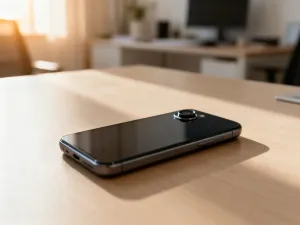 Nowoczesny smartfon leżący na marmurowym blacie w otoczeniu profesjonalnego stanowiska pracy z niebieskim oświetleniem.