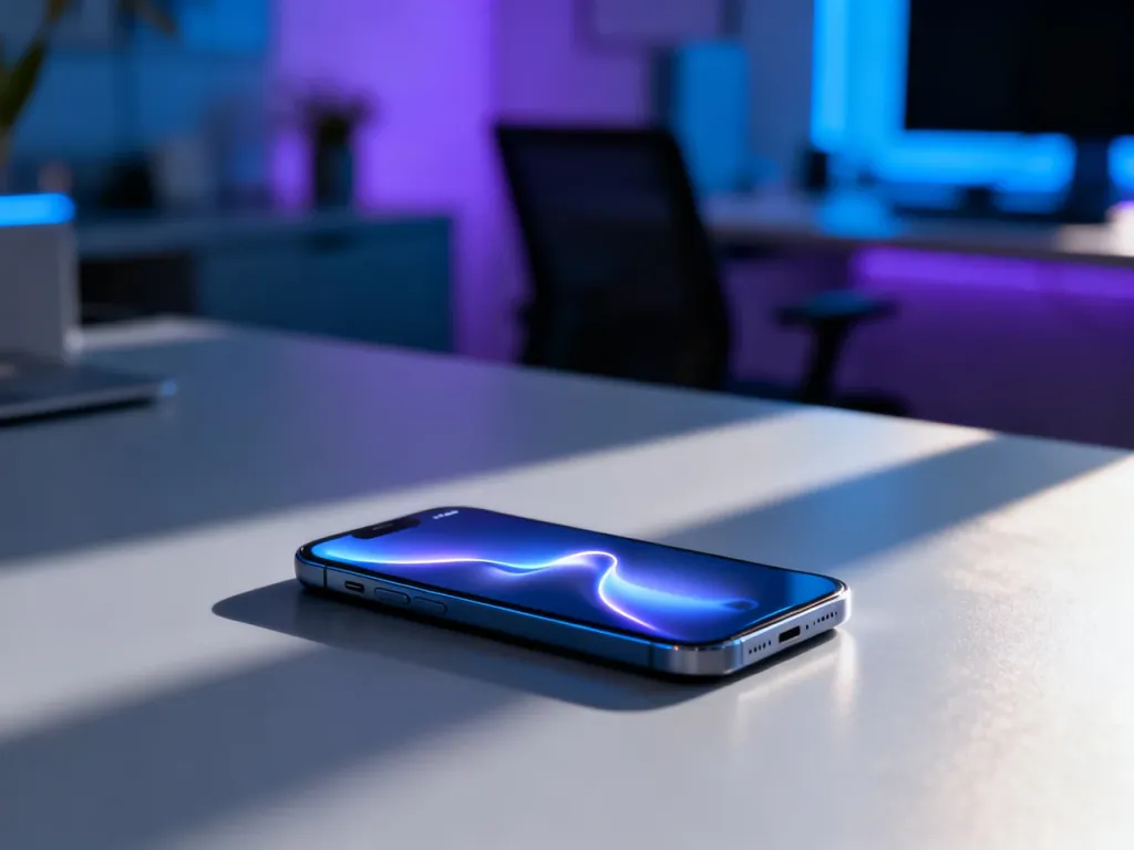 Nowoczesny smartfon z płynnym, kolorowym interfejsem systemu iOS na ekranie, umieszczony na minimalistycznym biurku.