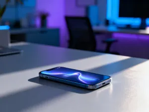 Nowoczesny smartfon na drewnianym biurku obok lupy i notatnika, symbolizujący proces identyfikacji modelu telefonu.