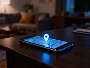 Nowoczesny smartfon z czerwoną ikoną ostrzegawczą i kodem binarnym, symbolizujący zagrożenie bezpieczeństwa cyfrowego.