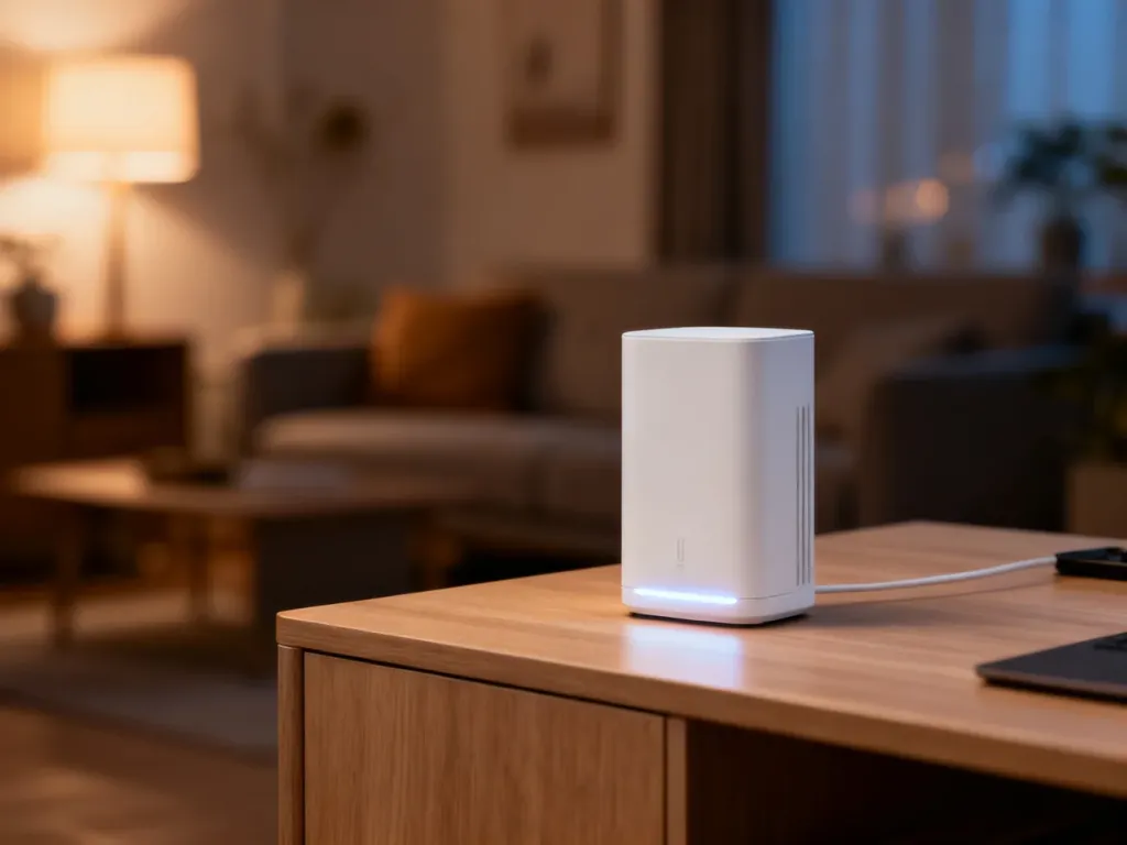 Nowoczesny biały router mesh na drewnianym biurku w przytulnym salonie. Urządzenie z delikatnie świecącą diodą statusu.