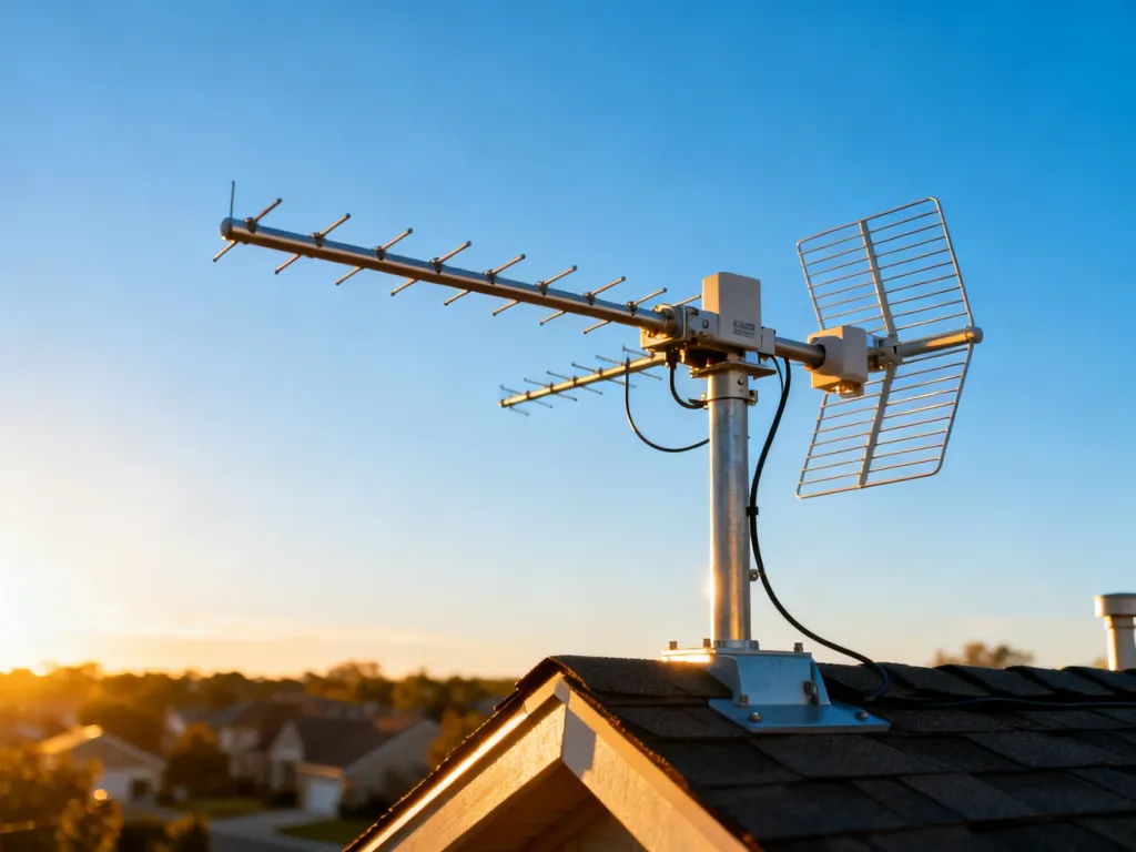 Nowoczesna antena nadawcza na dachu domu, symbolizująca działanie internetu radiowego w warunkach domowych.