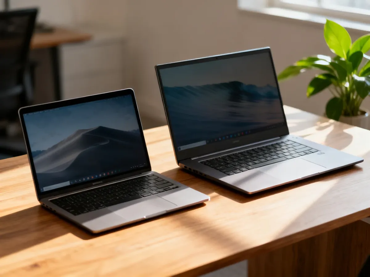 Porównanie laptopów 15-calowych i 17-calowych ustawionych obok siebie na biurku, ułatwiające wybór odpowiedniego rozmiaru.