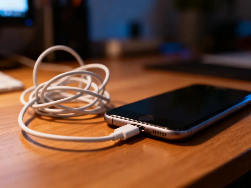 Smartfon podłączony do kabla USB na drewnianym biurku, ilustrujący problem z ładowaniem urządzenia.