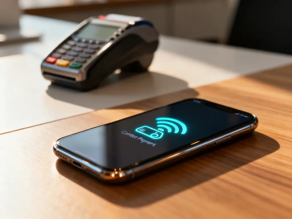 Smartfon z ikoną płatności zbliżeniowych na ekranie, leżący obok terminala płatniczego na drewnianym biurku.