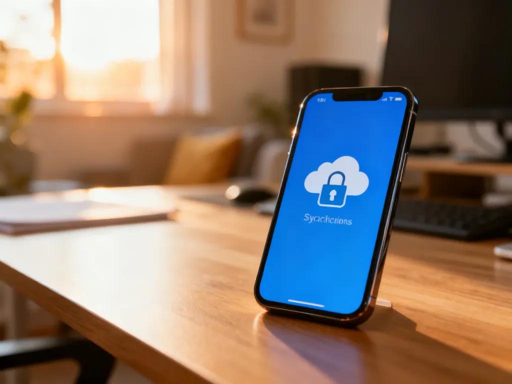 Smartfon z ikoną synchronizacji w chmurze na drewnianym biurku, symbolizujący proces tworzenia kopii zapasowej WhatsApp.