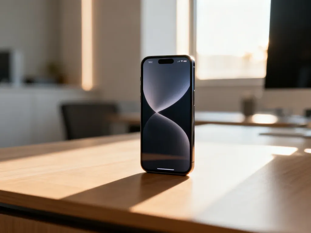 Nowoczesny smartfon z interfejsem systemu iOS na minimalistycznym biurku w słonecznym, profesjonalnym biurze.