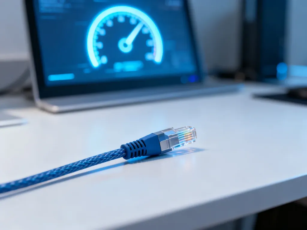 Kabel światłowodowy na biurku oraz grafika prędkościomierza w tle, symbolizujące pomiar szybkości łącza internetowego.