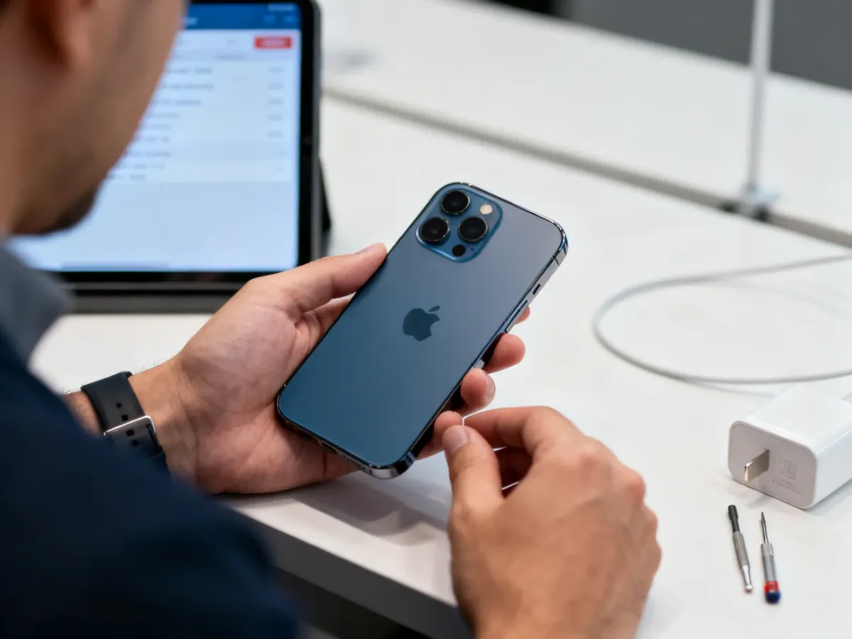 Osoba sprawdzająca stan używanego iPhone’a przed zakupem
