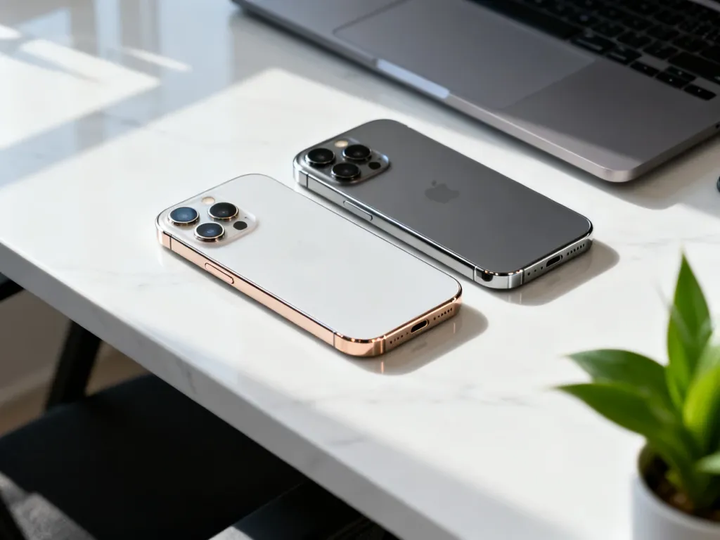 iPhone 16 i 16 Pro leżące obok siebie na marmurowym biurku, ukazujące różnice w budowie aparatów i wykończeniu obudowy.