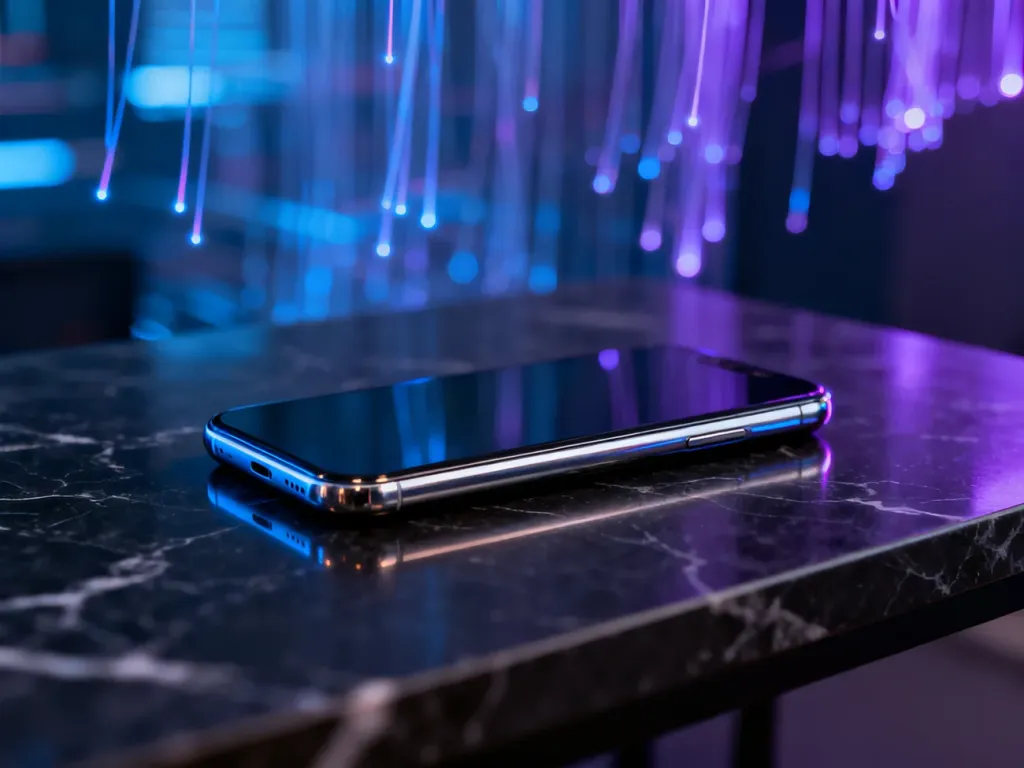 Nowoczesny smartfon klasy premium na marmurowym blacie w otoczeniu neonowych świateł, podkreślający elegancję i zaawansowaną technologię.