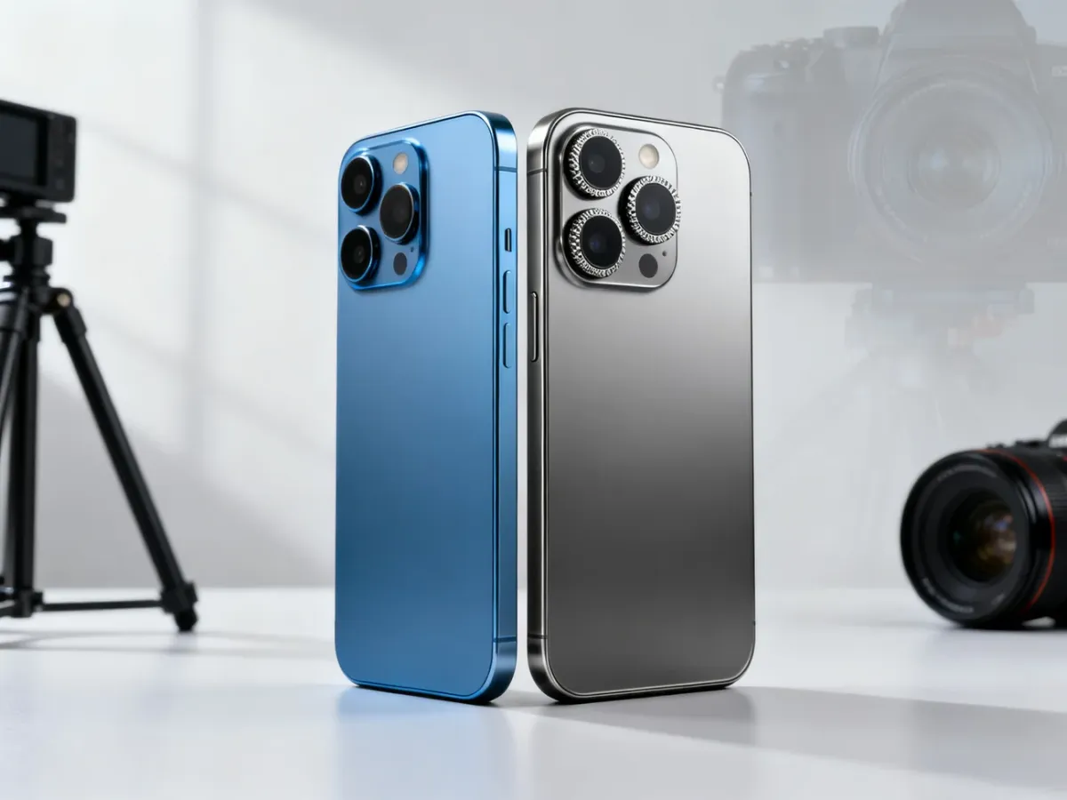 Porównanie dwóch smartfonów iPhone, lekkiego modelu podstawowego i wersji Pro z rozbudowanym aparatem
