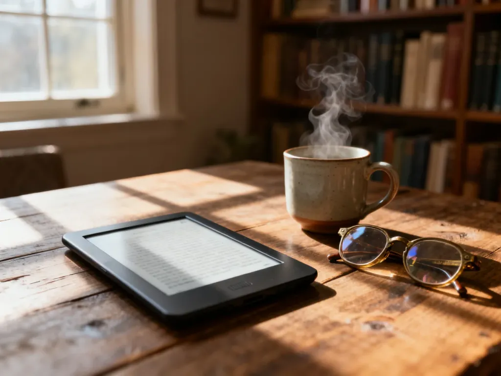 Nowoczesny czytnik e-booków na drewnianym stole w przytulnym domowym wnętrzu z filiżanką kawy i okularami.