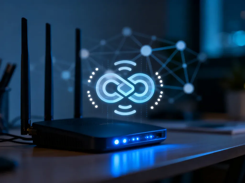 Nowoczesny router z cyfrową ikoną połączenia bezprzewodowego, symbolizującą szybki przesył danych w sieci WiFi.