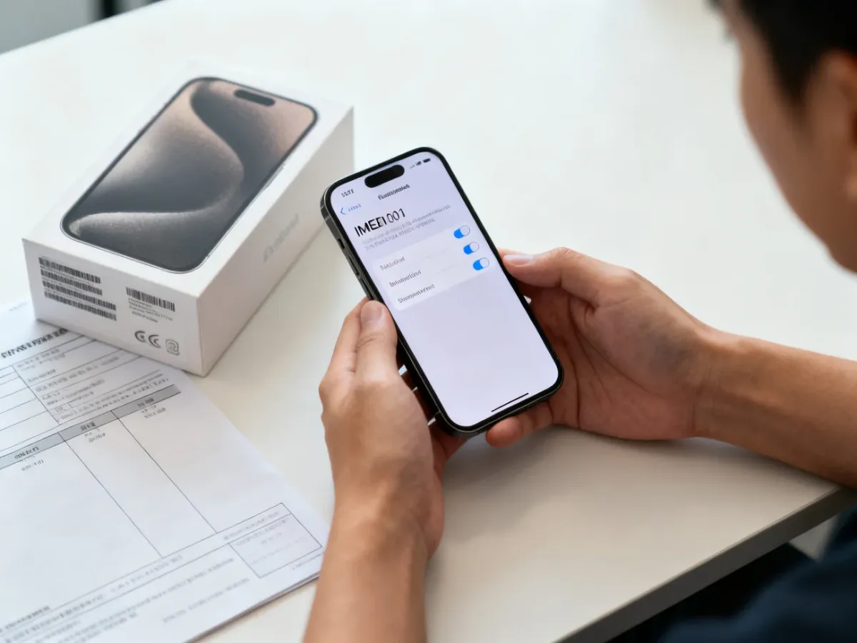 Sprawdzanie numeru IMEI telefonu obok pudełka i dokumentu zakupu