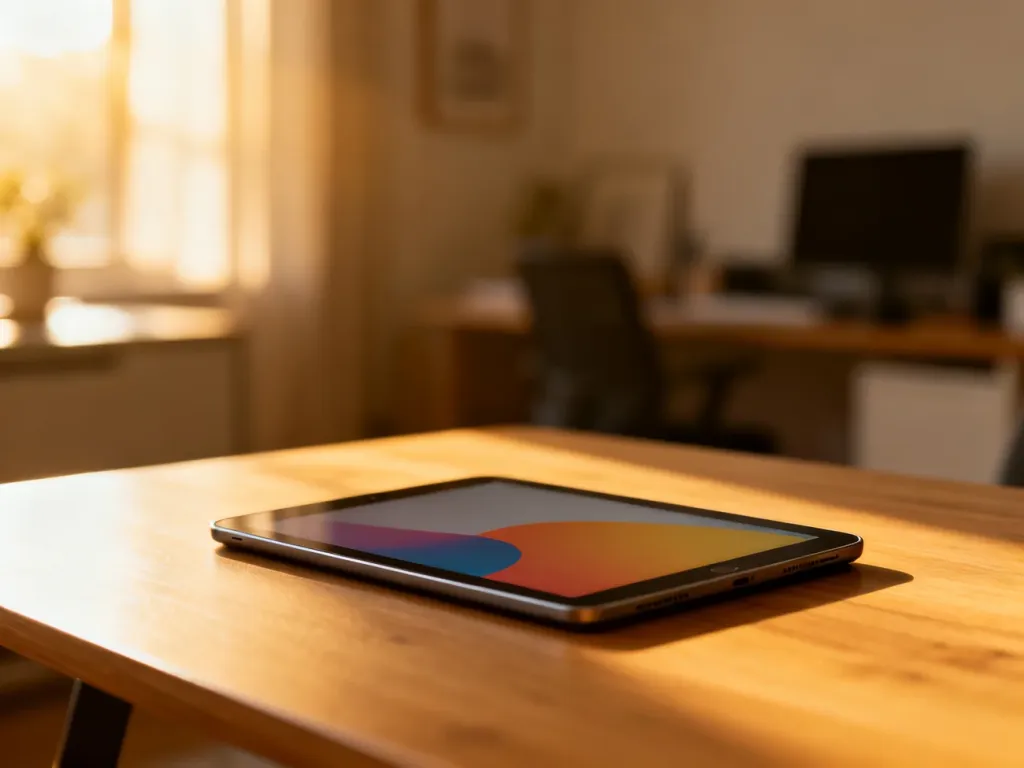 Nowoczesny tablet budżetowy na drewnianym biurku w słonecznym domowym biurze.