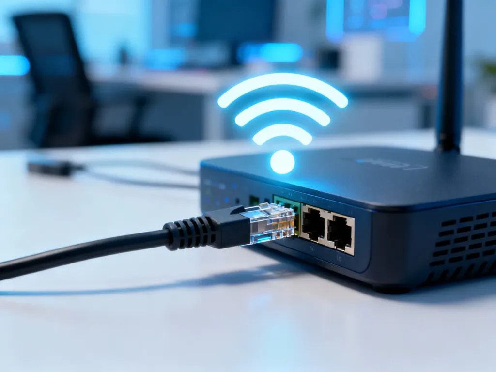 Wtyk kabla Ethernet wpięty do routera z nałożoną ikoną Wi-Fi, symbolizujący wybór między połączeniem przewodowym a bezprzewodowym.