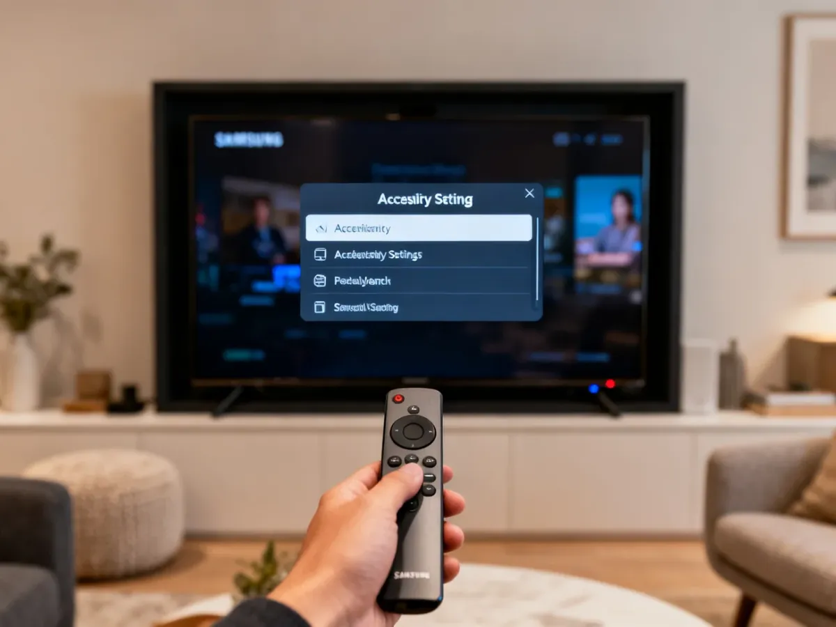 Pilot Smart Remote skierowany w stronę telewizora z otwartymi ustawieniami dostępności