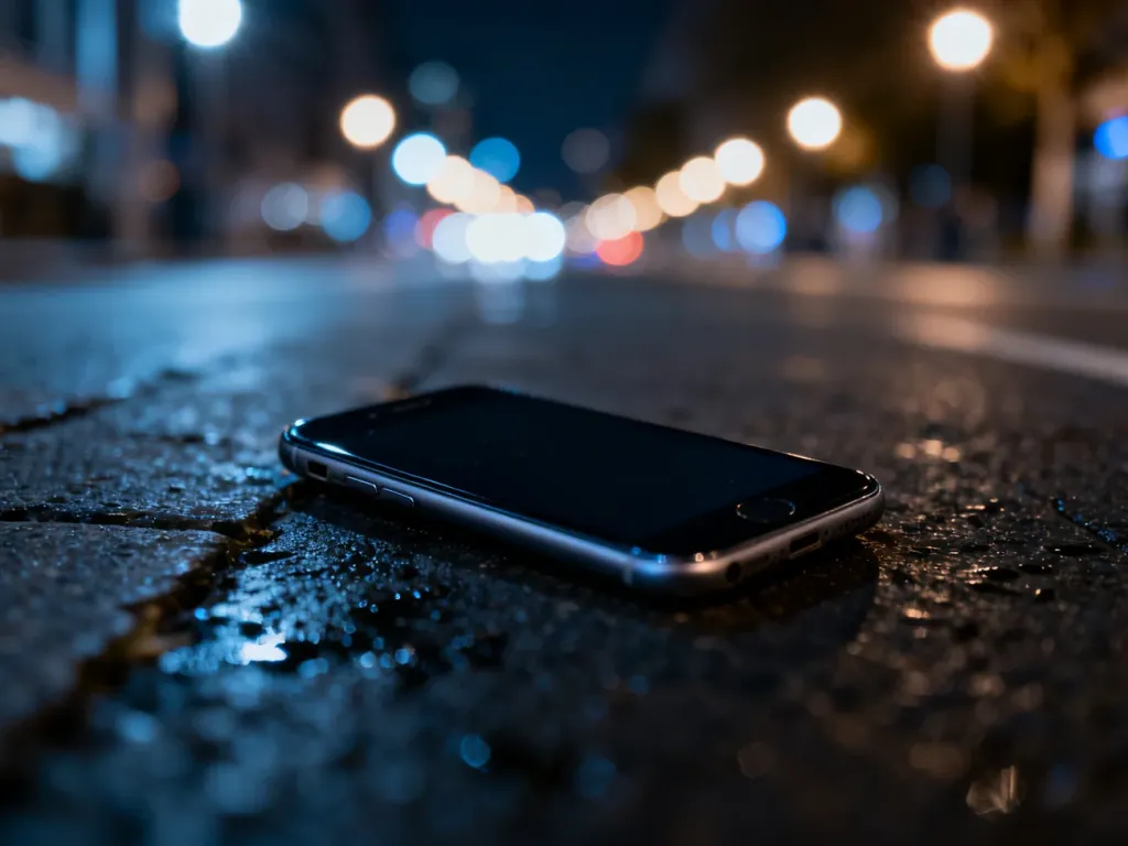 Nowoczesny smartfon porzucony na mokrym, miejskim chodniku w nocy, symbolizujący zgubione urządzenie.