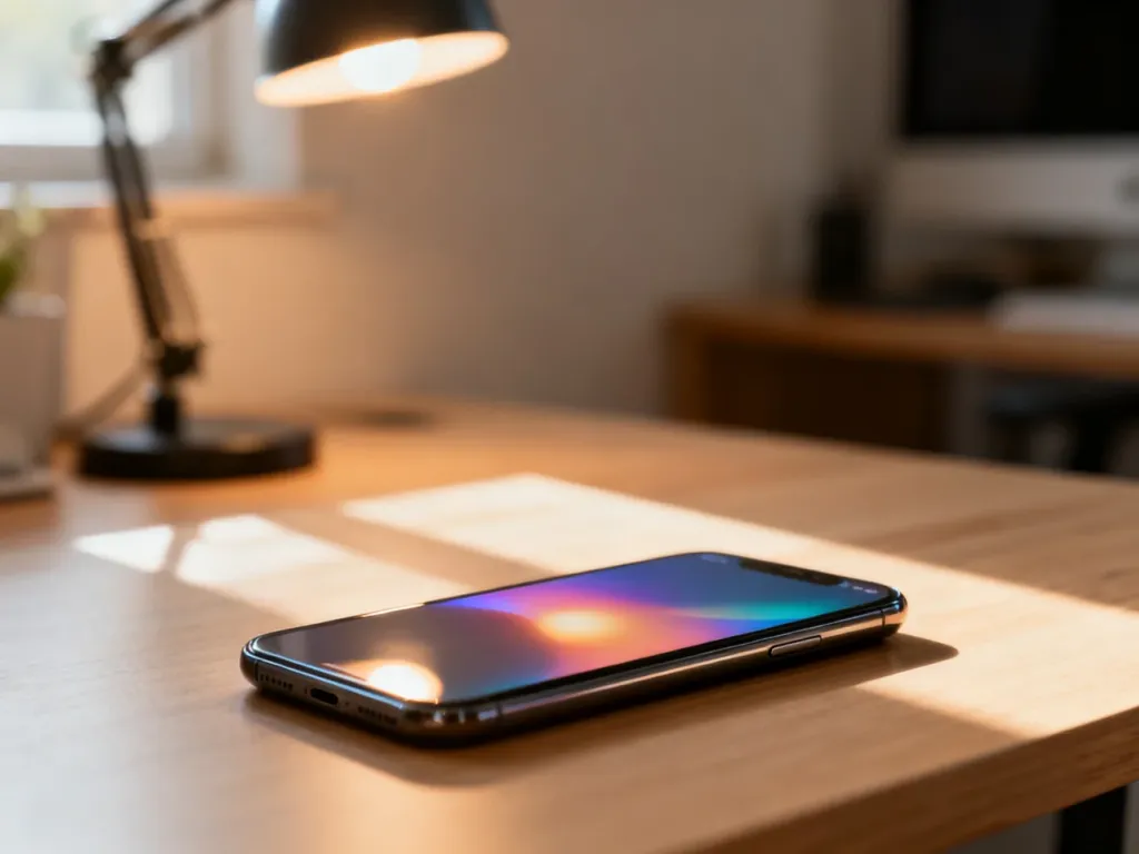 Nowoczesny smartfon z kolorową tapetą leżący na minimalistycznym biurku w przytulnym domowym biurze.