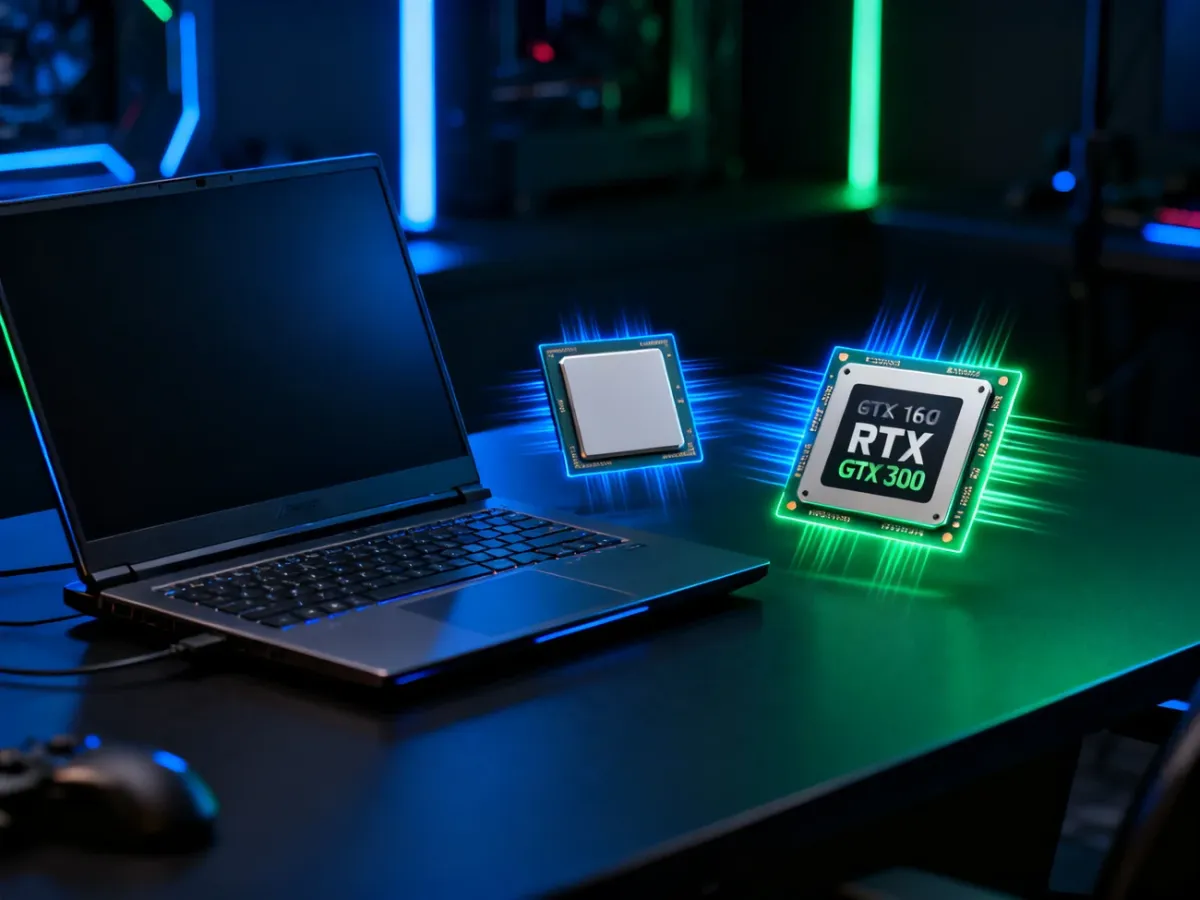 Laptop gamingowy symbolizujący porównanie kart GTX 1650 i RTX 3050
