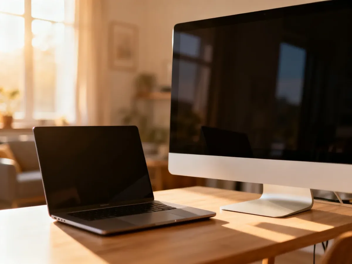 Nowoczesne stanowisko pracy z laptopem i monitorem na drewnianym biurku w przytulnym domowym biurze.