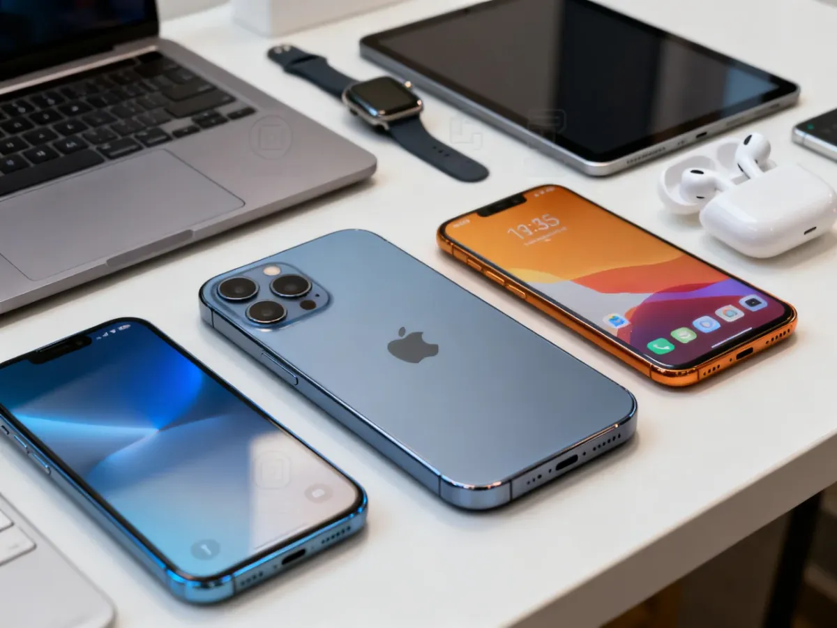 iPhone i różne smartfony z Androidem obok urządzeń tworzących ekosystem