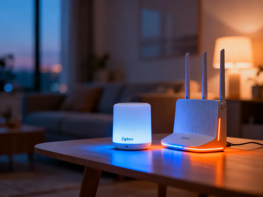 Hub Zigbee i router Wi-Fi obok siebie na drewnianym stole, symbolizujące technologie łączności w inteligentnym domu.