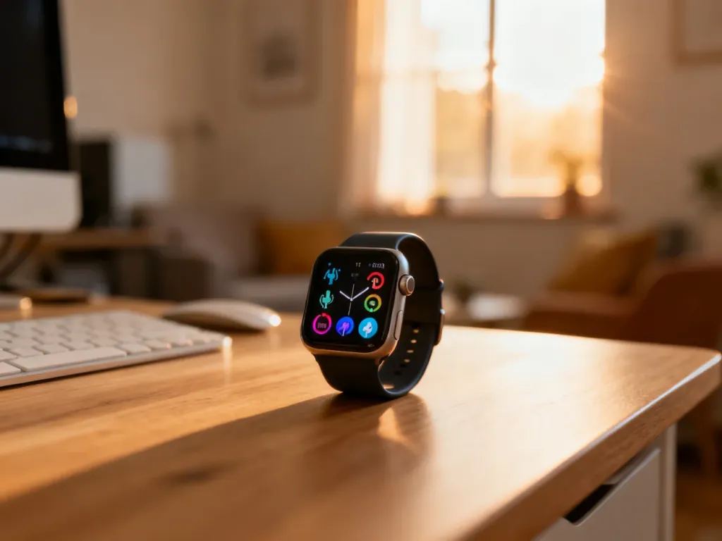 Nowoczesny smartwatch z ikonami monitorowania zdrowia na ekranie, spoczywający na drewnianym biurku w domowym biurze.